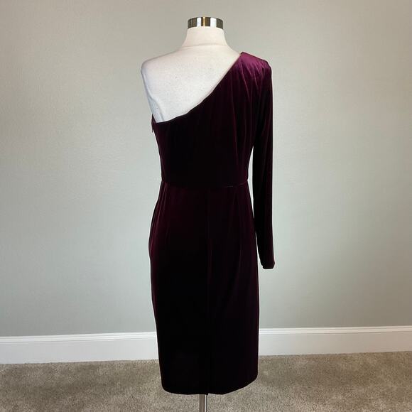 Alex Evenings Velvet One Shoulder Midi Sheath Cocktail Dress Wine Red Size 8 - Picture 6 of 11